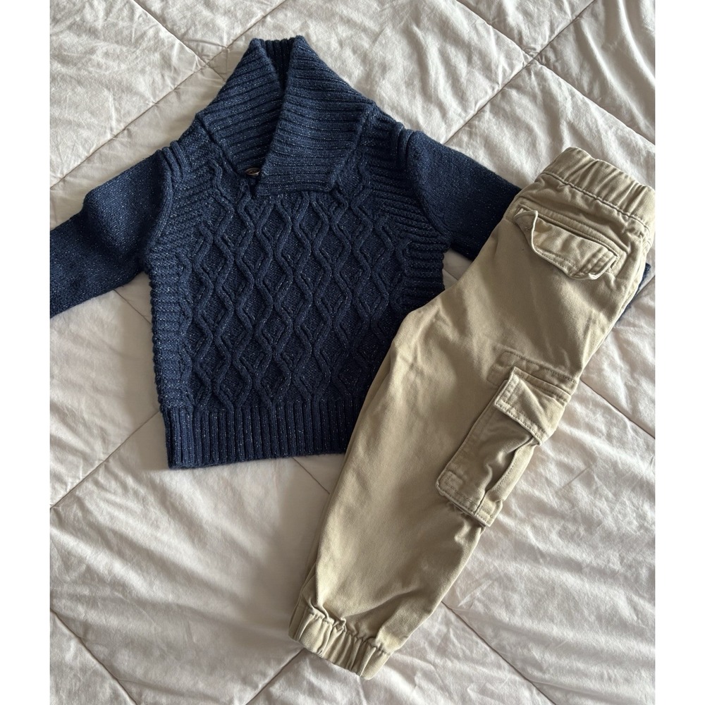 Toddler Cat & Jack Shawl Cable Sweater and Primark Beige Cargo Pants Size 18-24M